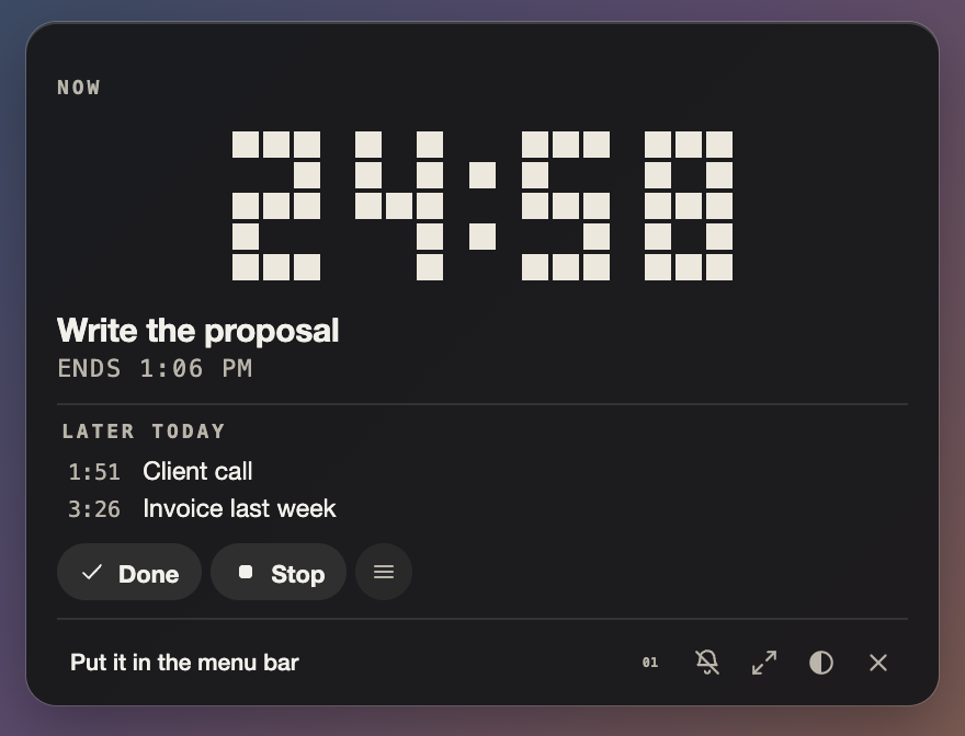 The floating timer with big pixel digits