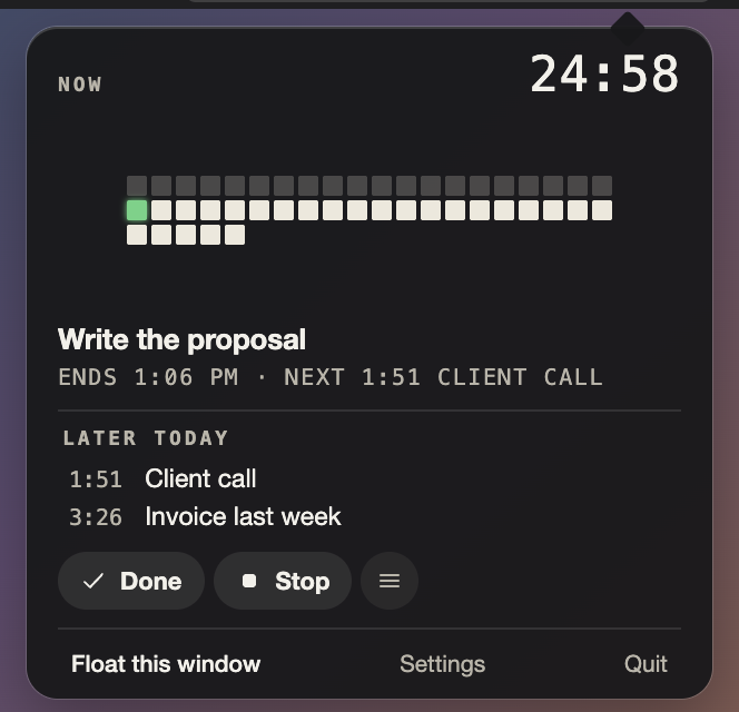 The dropdown timer under the menu bar item